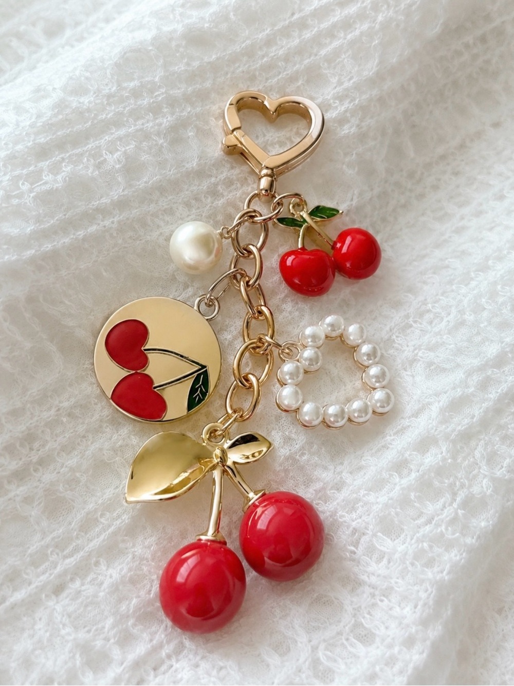 Gold-Tone Cherry Charm Bracelet with Red and Pearl Accents